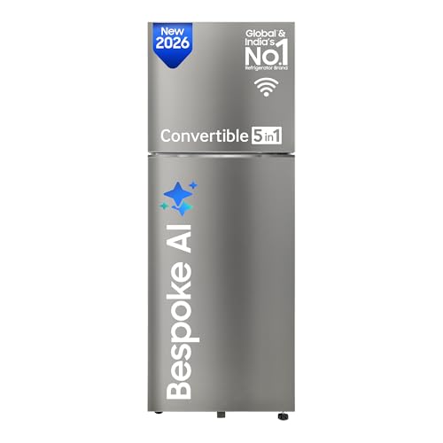 Image of Samsung 350 L, 2 Star, Convertible 5-in-1, Digital Inverter, Frost Free Double Door, WiFi Bespoke AI Refrigerator (RT38HG5A42SLHL, Silver, Ez Clean Steel, 2026 Model)