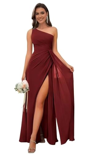 Image of Bolodoo One Shoulder Bridesmaid Dresses for Women Ruched Chiffon A Line Evening Formal Gown with Slit