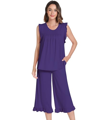 Image of NACHILA Bamboo Viscose Pajamas for Women Pleated Ruffle Tank Top Pjs Set