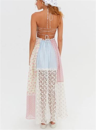 Image of Women Halter Ruched Maxi Dress Backless Sleeveless Long Dress Bodycon See Througn Pleated Sundress Beachwear