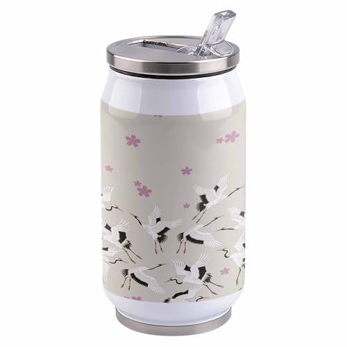 コーラカップ 和風 鶴 桜 花 ベージュバック タンブラー ストローカップ 蓋付き ステンレス 魔法瓶 水筒 ボトル 車用 自宅用 携帯便利 直飲み 真空 保冷 保温 漏れ防止 通勤 贈り物 400ml
