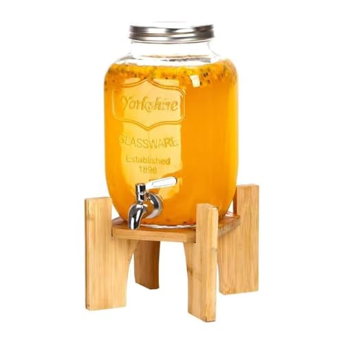 ドリンクサーバー ステンレス製の蛇口付き大容量 冷水筒 ガラス貯蔵タンク ガラス ドリンク保存瓶 ウォータージャグ用 クリア 果実酒びん キッチン収納 貯蔵容器 飲料水バケット梅酒 ジュース ビール密閉タンク スタンド付属 (木製フレーム, 5L)
