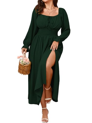 SHESTARR Women's Plus Size Dress Long Sleeve Smocked Dress Square Neck Tie Front Split A-Line Maxi Long Dresses Emerald Green