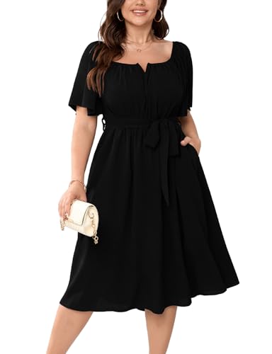 Women Plus Size Cocktail Dress Short Sleeve Square Neck Belted Elegant  Flowy A Line Midi Dresses with Pockets - Product Details