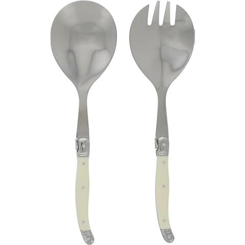 French Home Laguiole Connoisseur (Faux Ivory) Salad Servers 2 Piece Set — Stainless Steel Flatware Set — Salad Serving Utensils — Silverware Set Spoon and Fork Set — Dining Utensils Set Cover