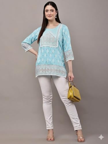 Image of Women's Pink Printed Short Kurti with Lace Trim, 3 /4 Sleeves, Ethnic Indian Style Top