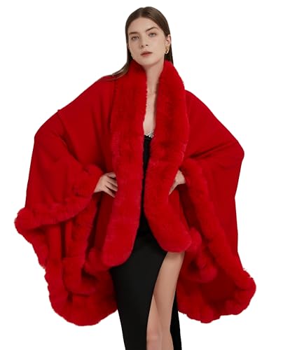 Faux Fox Fur Trim Cardigan Cloak Shawl Wraps Winter Poncho Oversized Cape