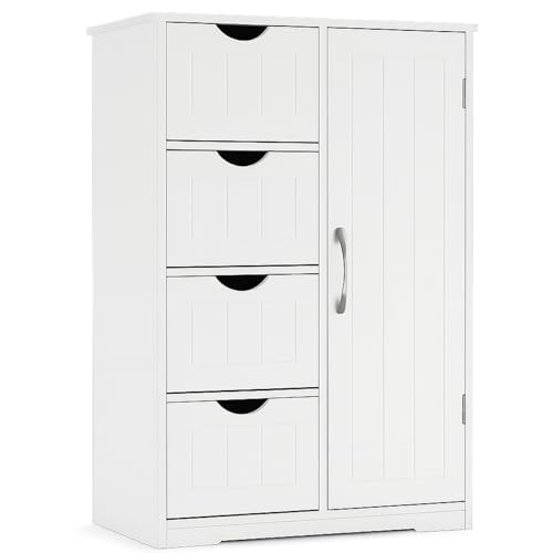 DUMOS Badezimmerschrank, MDF Kommode mit Schubladen, Badschrank Schmal Klein, Beistellschrank mit 4 Schubladen, 60 x 28.5 x 81 cm, für Badezimmer, Wohnzimmer, Schlafzimmer, Esszimmer, Küche, Weiß