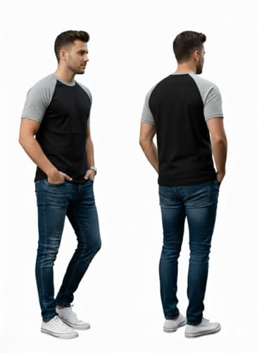 Image of Men's Raglan T-Shirt, Black with Grey Sleeves, Short Sleeve, Round Neck, Casual Wear