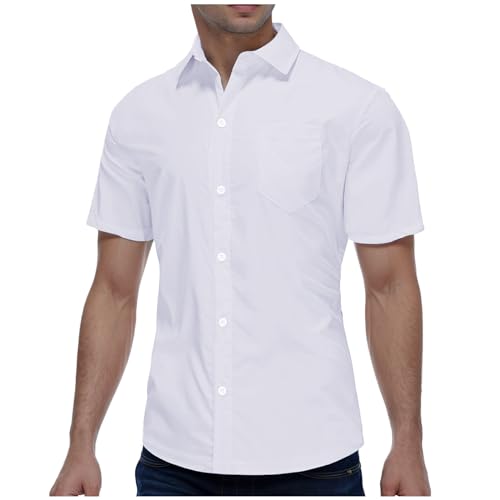 Camisa de Hombre Informal de Solapa con Mangas y Botones para Estilo de Negocios Sólido y Cómodo (White, XL) c6