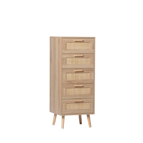 KLAST Sinfonier de 5 Cajones en Madera Natural y Ratán, Ideal para Organizar el Dormitorio y Maximizar el Espacio. Combínalo con Otros Muebles de la Colección.
