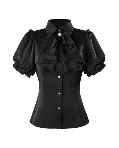 Fiamll Viktorianische Bluse Gothic Tops Damen Mittelalter Bluse mit Puffärmel für Steampunk Gothic Kleidung Damen M