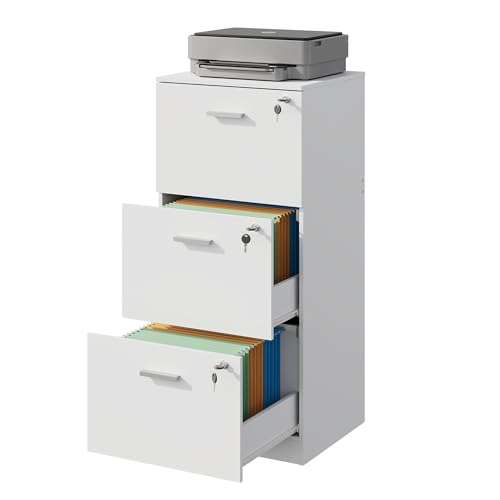 DEVAISE Rollcontainer abschließbar mit 3 Schubladen und offenen Fächern Schreibtisch Schrank für Büro Home Office Rollcontainer Weiß für DIN A4/Legal/Letter