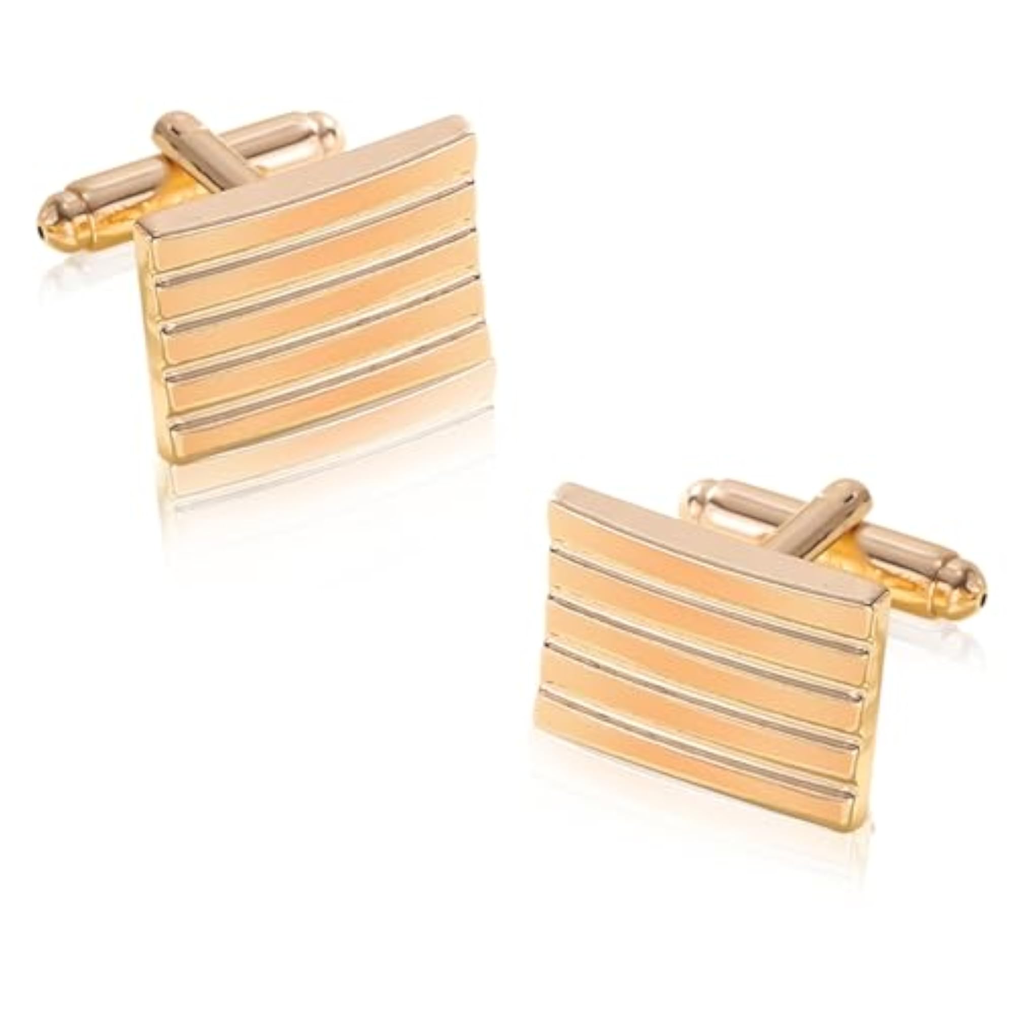 Men's Gold Plated Stainless Steel Striped Rectangle Cufflinks, Classic Gift