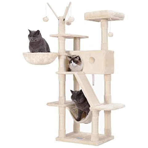 Hey-brother Cat Tree, 61 inch Cat Tower for Indoor Cats, Cat House with Padded Platform Bed, Toy Balls, Large Cozy Condo, Hammocks and Sisal Scratching Posts, Beige 0MPJ019M Cover