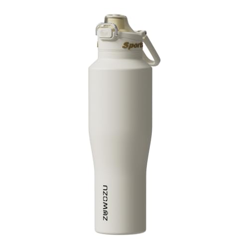 Botella Deportiva Aislada 32oz con Tapa 2 en 1, Termo de Acero Inoxidable de Doble Pared y Vacío, Conserva Bebidas Frías 48h, Taza Antigoteo con Asa, Compatible con Porta Vasos de Auto, Blanco