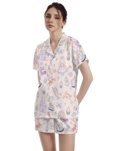 Image of Funny Pajamas for Women Set Print Satin Loungewear Pjs Short Sleeve Button Down Top and Shorts Sets Sleepwear XS-3XL