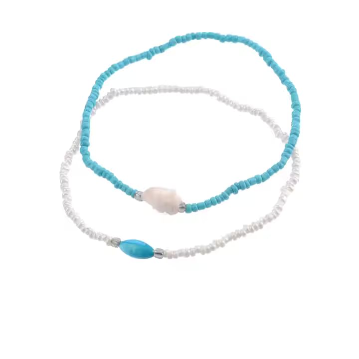 Beaded Ankle Bracelet Set, Turquoise and White, 2-Pack Beach Anklets with Oval Accent-image-33