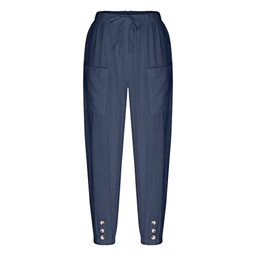 Ababc Linen Pants Women Summer,Plus Size High Waisted Beach Elastic Waist Baggy Crop Trousers Causal Pants With Pockets #TOP6