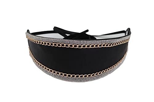 Women Fashion Black Wide Band Wrap Around Tie Belt High Waist Gold Chain Kimono S M