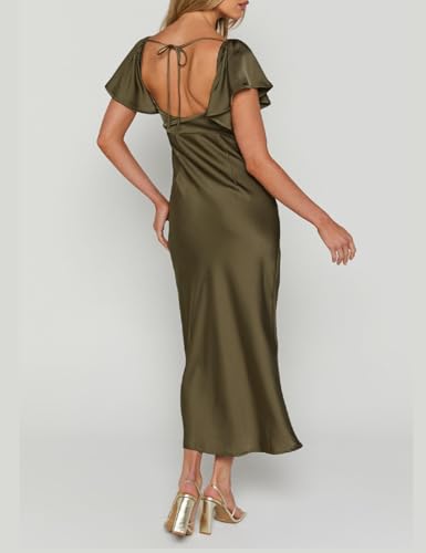Image of Summer Satin Flutter Sleeve Wedding Guest Dresses for Women Sweetheart Neckline Cutout Tie Back Midi Cocktail Dress