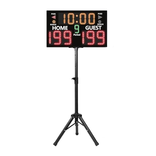 LUCKY TIME Electronic Basketball Scoreboard with Buzzer, Digital Scoreboard with Remote,Portable Score Keeper Battery Powered Score Board for Sports Games(11digits ProMax-S-Tripod-Battery)