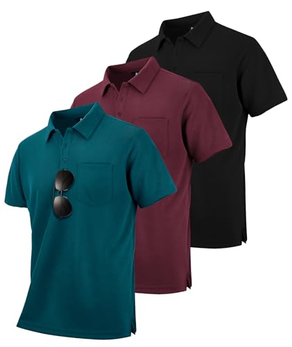 zitysport 3 Pack Polos Hombre Polo Golf Manga Corta Secado Rápido Transpirable Hombre Regular Fit Camisas Polos Trabajo Hombre Verano Deporte Camiseta Hombre(Negro Turquesa Rojo Vino XL)