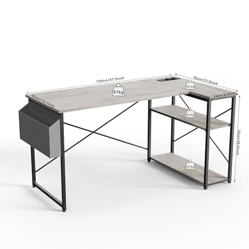 TIQLAB 47 Inch Right Angle Computer Desk with Power Outlet, Gaming Desk, Small Desk Corner Desk with Reversible Shelf, Learning Desk, Writing Desk, Home, Office, Bedroom, Home Work Home, Office