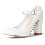 J. Adams Skippy Mary Jane Shoes Women Oxford Pumps - Kitten High Heels - Retro Vintage 1950s Round Toe Shoe with Ankle Strap Dress Shoes - White - 10