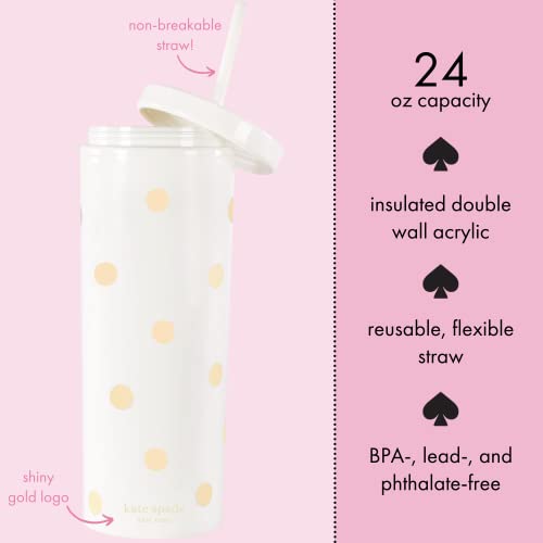 Kate Spade New York Insulated Tumbler with Reusable Straw, 24 Ounce Acrylic Travel Cup with Lid, Gold Dot with Script - Image 3