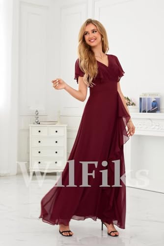 Image of WilFiks Ruffle V Neck Bridesmaid Dresses for Women Long Ruched Chiffon Formal Wedding Guest Dress Evening Gowns with Slit
