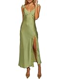 Summer Satin Lace Spaghetti Strap Midi Dress for Wedding Guest Silk Sleeveless V Neck Slit Ruffled Maxi Dress for Women Olive
