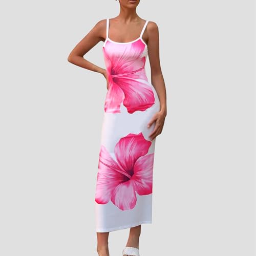Image of Womens Summer Casual Floral Dresses Spaghetti Strap Bodycon Maxi Beach Dress Elegant Evening Party Long Dresses