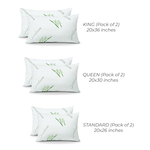 OMEO 2 Pack Standard Size Rayon Derived from Bamboo Pillow for Sleeping Shredded Memory Foam Bed Pillows for Side, Back and Stomach Sleepers, Soft, Cooling, Adjustable and Washable Cover 20