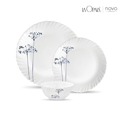 Image of La Opala Novo Collection Opal Glass Crockery | for Family of 6 | Dinner Set 18 pcs Aqua Spray | Plates & Bowls for Dining | Microwave Safe | 100% Vegetarian | Extra Strong | Light & White
