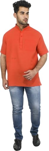 Image of Men's Cotton Short Kurta Without Pant | Mandarin Neck Short Kurta | Half Sleeve Casual Kurta | Traditional Ethnic Regular Kurta | Solid Plain Kurta for Men's (Pack of 1)
