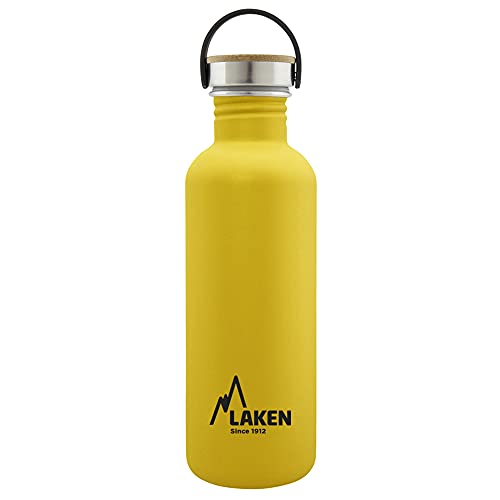 Laken Stainless Steel Bottle with Steel and Bamboo Screw Cap and Wide Mouth 1L, Yellow, Lemon Tree, 1000 ml
