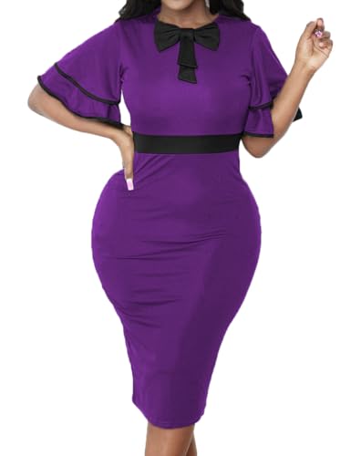 Image of Xinlees Women's Bodycon Pencil Dress Sexy Short Ruffles Sleeve Clubwear Basic Fitted Outfits Casual Midi Dresses