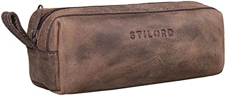 STILORD 'Linus' Pencil Case Leather Pen Case Pouch Office University College Women Men Stationary Vintage Leather, Colour:Colorado - Brown