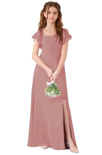 Short Sleeves Junior Bridesmaid Dresses for Girls Formal Party Flower Girl Dress Long with Low Slit Dusty Rose 12