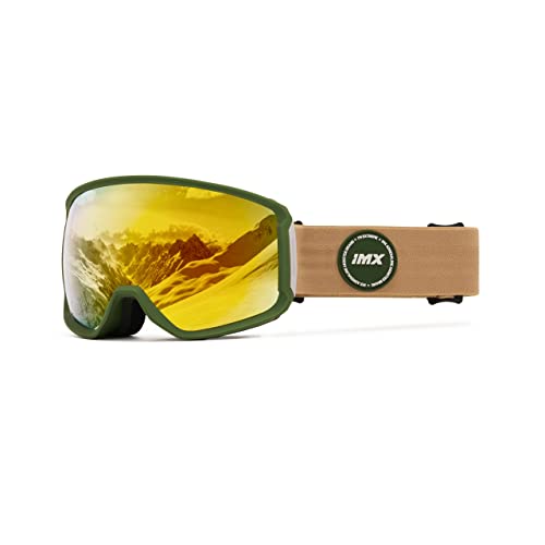 IMX RACING Peak Occhiali da Sci Snowboard Spugna a tre strati DualLens antigraffio antiappannamento e rivestimento UV banda larga con stampa in silicone, Verde Opaco/Sabbia, Taglia unica