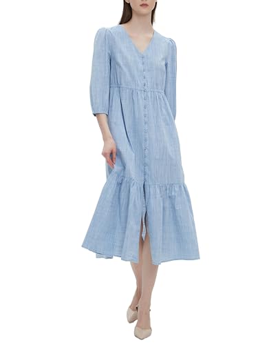 Image of D-Sun Women's V Neck 3 /4 Sleeve Maxi Dress Casual Button Down Tiered Ruffled Flowy Fall Long Dresses