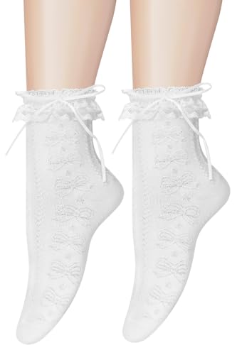 CAT KO Women Lace Ruffle Socks Cute Cotton Bow Socks Princess Girl Ankle Socks for Lolita 2 Pack