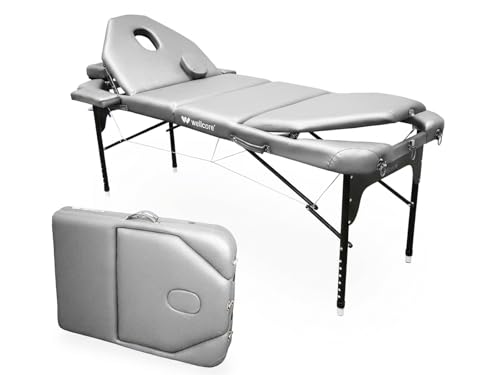 WELLCORE Faltbare Klappliege aus Aluminium, mit doppelter Rückenlehne, klappbar, 185 x 65 cm, Kunstleder, höhenverstellbar, Gelenkkopf, Gesichtsloch, Farbe: Silber, Transporttasche, bis 225 kg