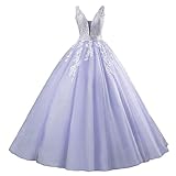 Cierre: cordón Xinaier Vestido de noche para mujer, cuello en V, encaje, vestido de noche, perlas Quinceanera, largo, lavanda, 38