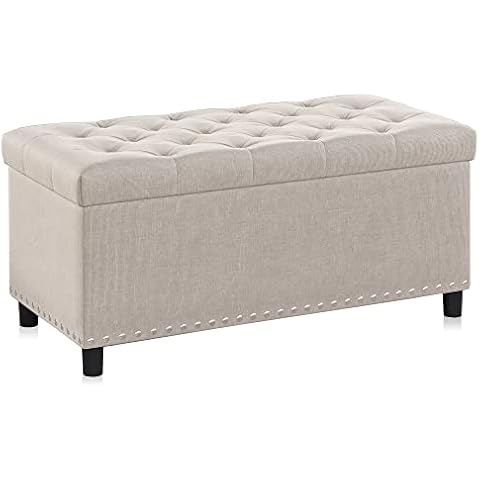 BELLEZE 35 Inch Button-Tufted Ottoman Linen Storage Bench with Safety Close Hinge for Living Room, Entryway, Hallway, Foot Rest, Support 300lbs - Beige Cover