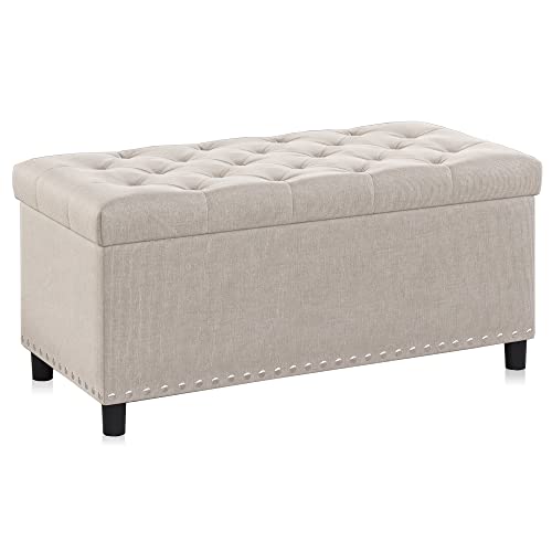 BELLEZE 31" Tufted Ottoman, Storage Bench with Safety Close Hinge, Ottoman with Storage for Living Room, Entryway, Hallway, Foot Rest, Support 300lbs - Beige