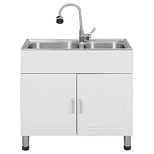 CHOUREN Kitchen Sink Freestanding Utility Sink Cabinet Integrated 304 Stainless Steel One-Piece Sink Laundry Wash Basin with Faucet, Size 29.5" x 15.7" x 30.7"