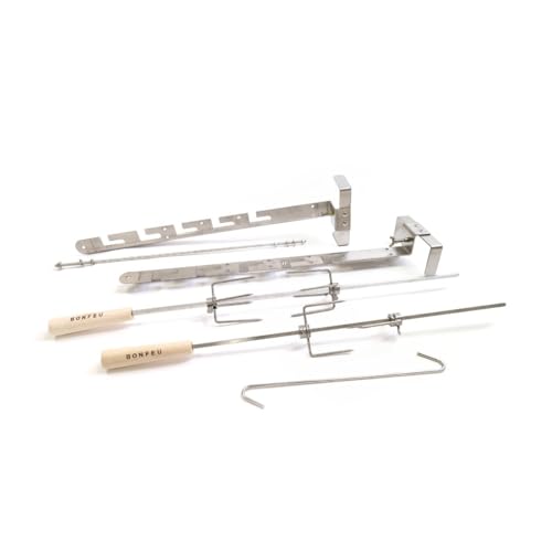 BonFeu Set de Rôtisserie en Acier Inoxydable - Kit Tournebroche pour Brasero BonBiza et Planchas Ø 60/80/100 cm - Inclus 2 Broches, Pinces et Crochet en S - Idéal pour Grillades au Feu de Bois