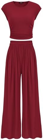 PRETTYGARDEN Women's Summer 2 Piece Outfits 2025 Cap Sleeve Ruched Slim T Shirt Ribbed Knit Wide Leg Pant Sets Tracksuit